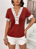 Decorative Button Spliced Lace Short Sleeve Top - BELLATRENDZ