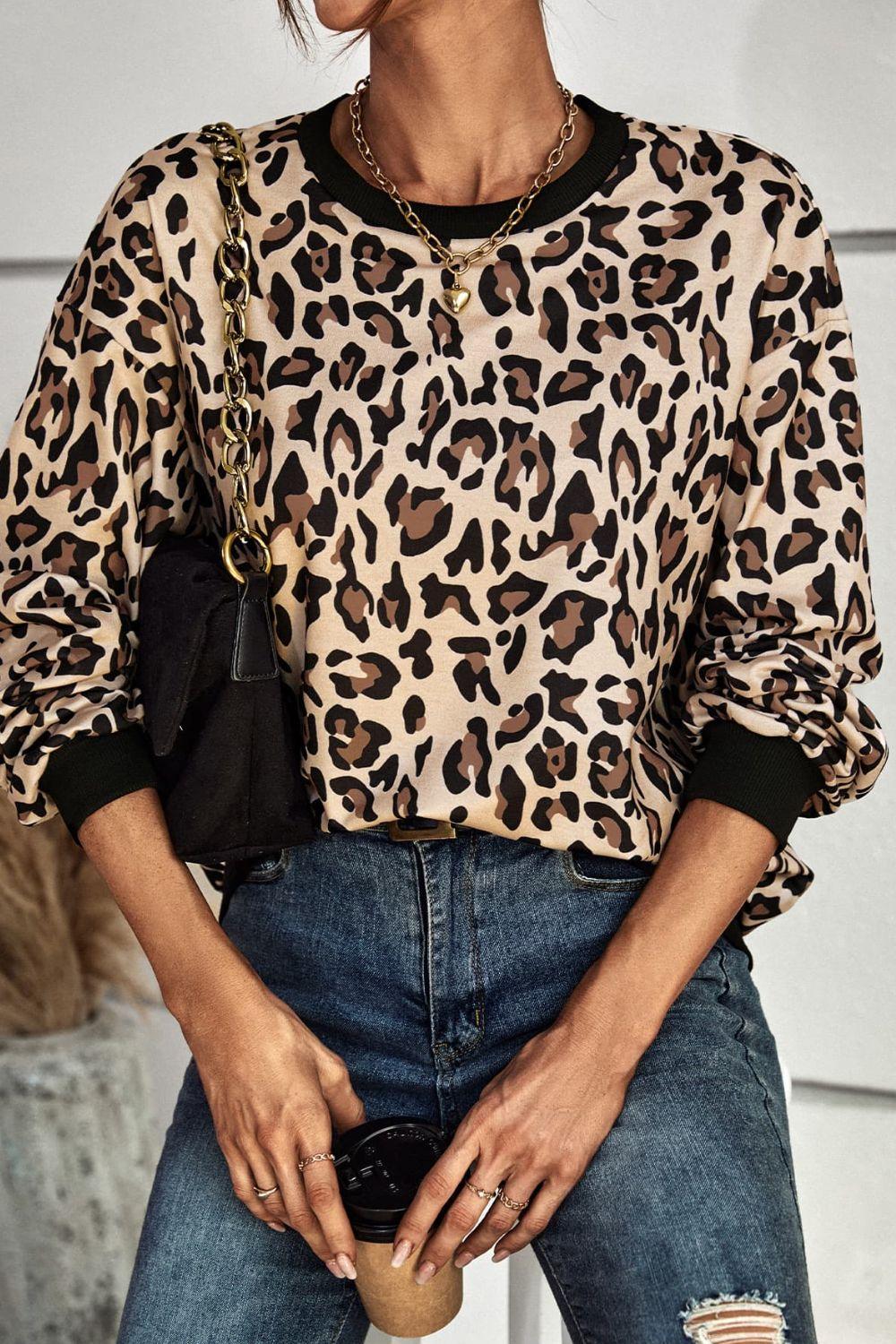 Leopard Round Neck Dropped Shoulder Sweatshirt - BELLATRENDZ