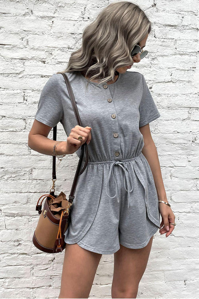 Buttoned Drawstring Round Neck Romper - BELLATRENDZ