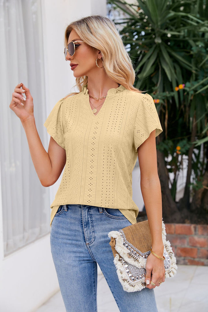 Notched Neck Puff Sleeve Blouse