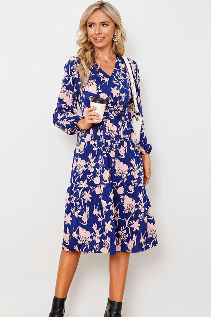 Floral Belted Tiered Midi Dress - BELLATRENDZ