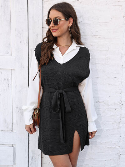 Tie Front V-Neck Sleeveless Slit Sweater Dress