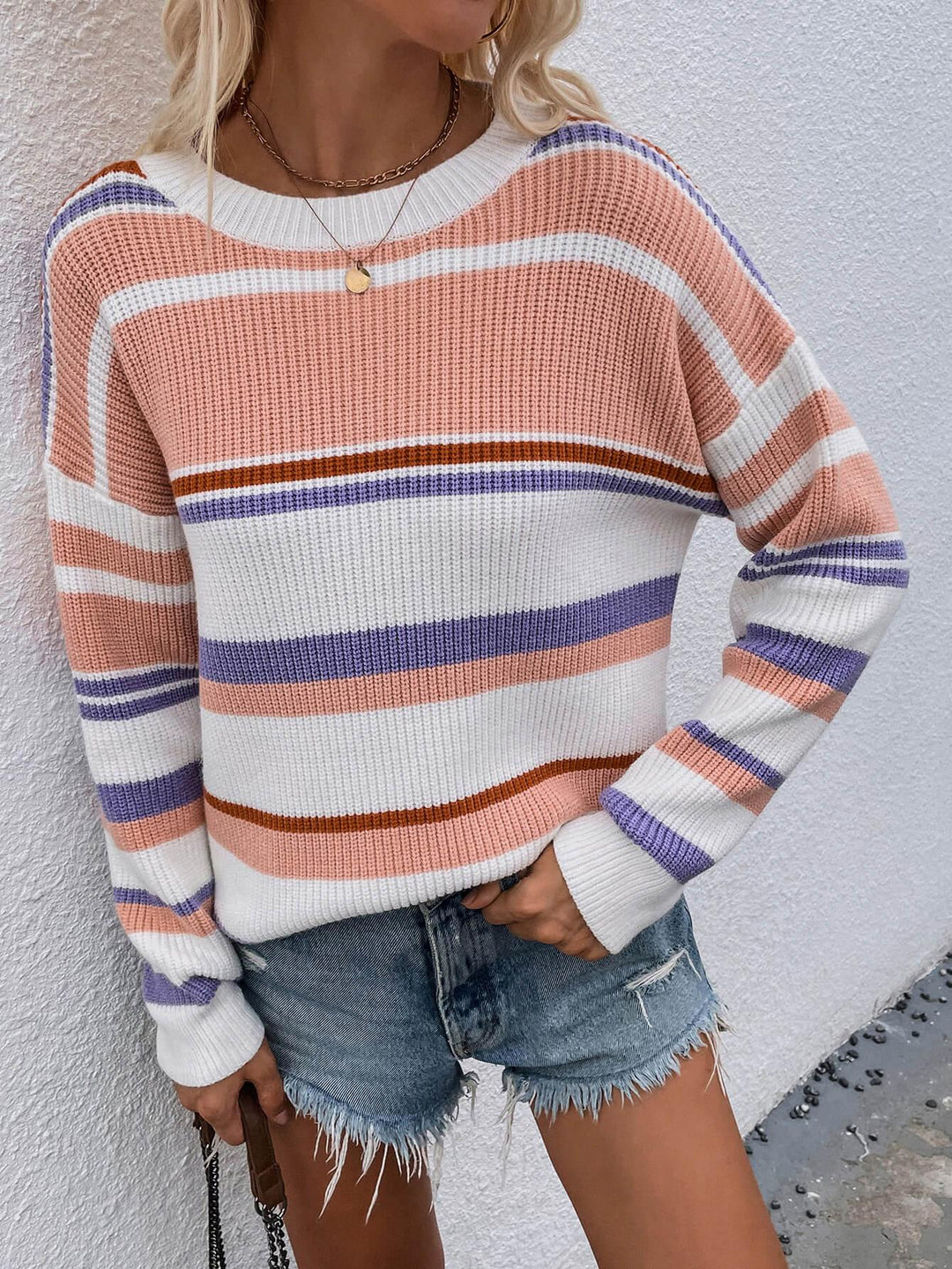 Striped Drop Shoulder Round Neck Pullover Sweater - BELLATRENDZ