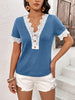 Decorative Button Spliced Lace Short Sleeve Top - BELLATRENDZ