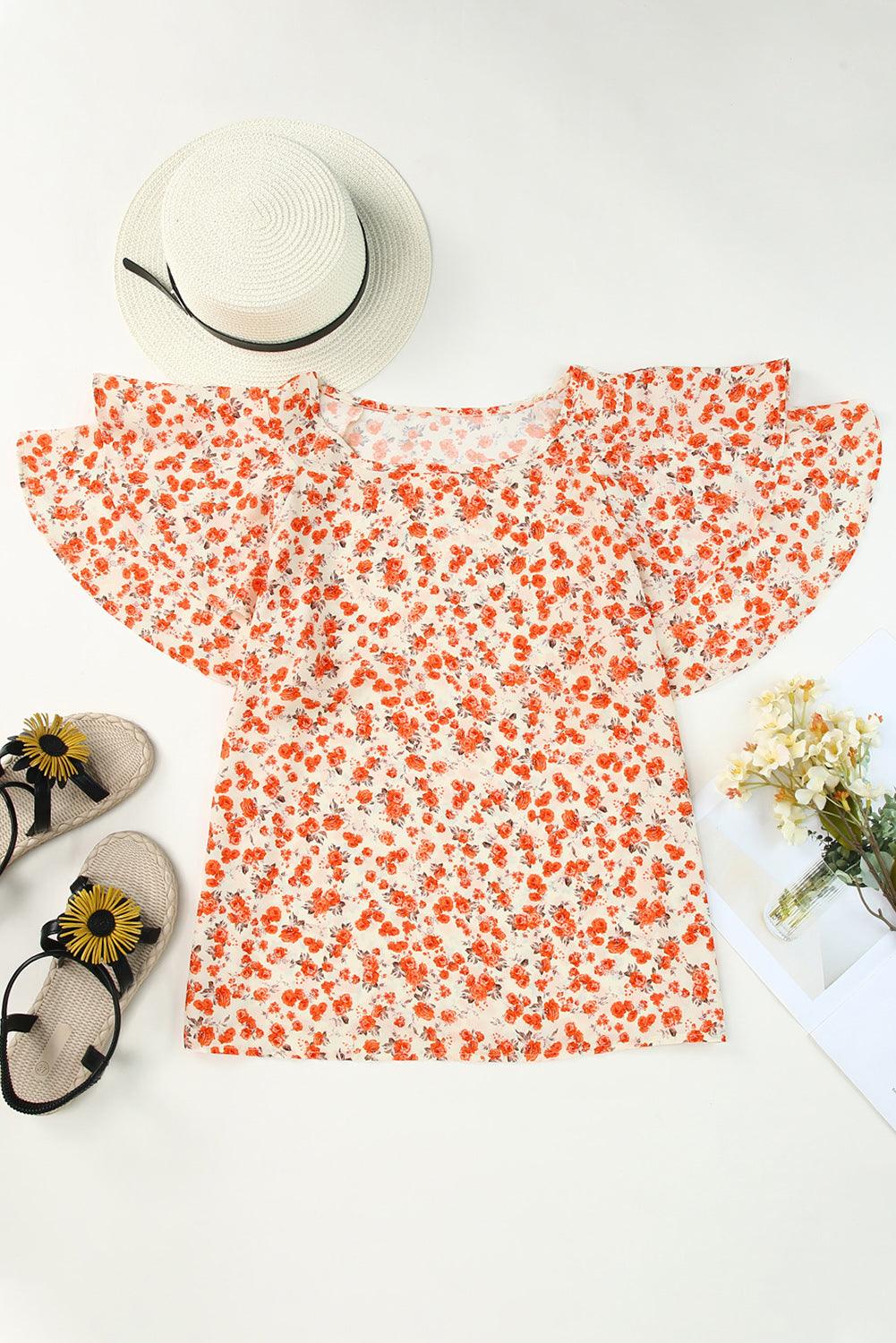 Floral Round Neck Flutter Sleeve Blouse - BELLATRENDZ