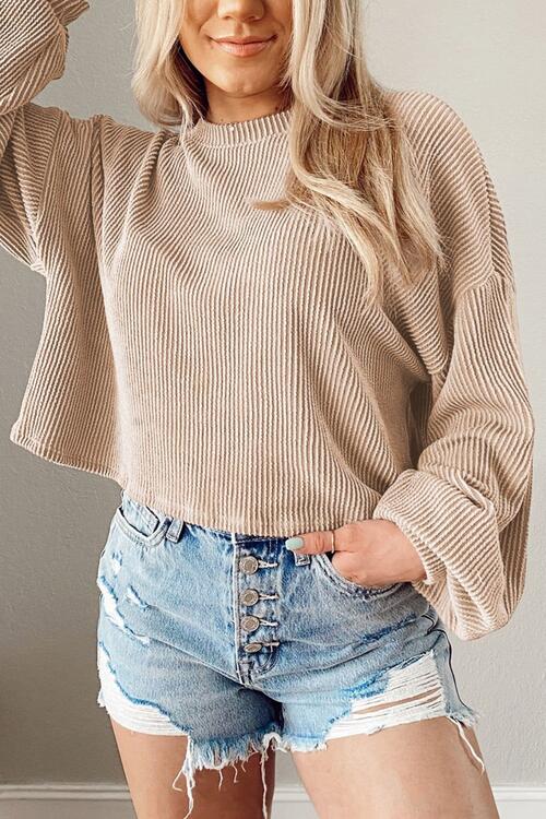 Round Neck Drop Shoulder Long Sleeve Top