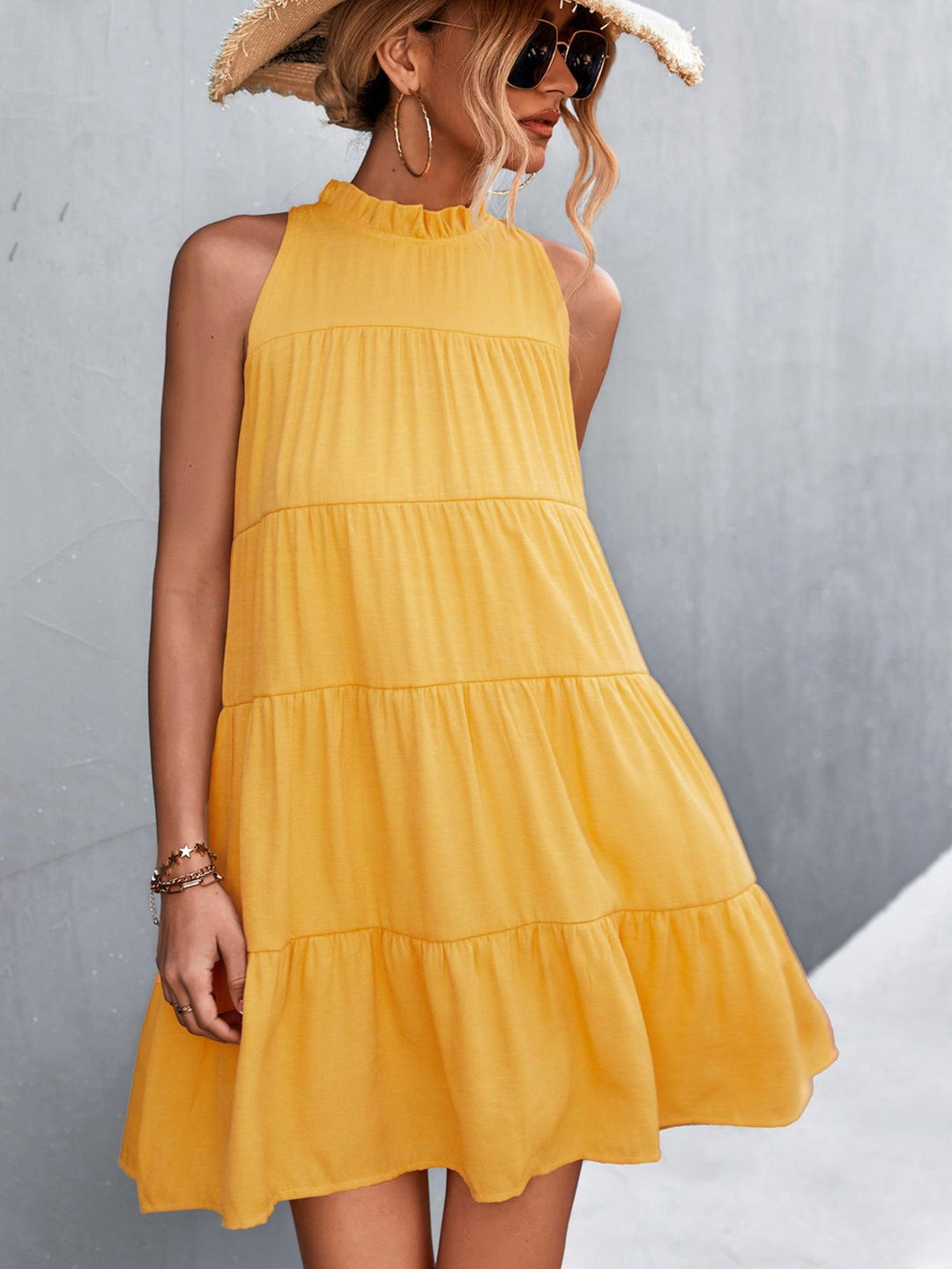 Tie Back Mock Neck Tiered Dress - BELLATRENDZ