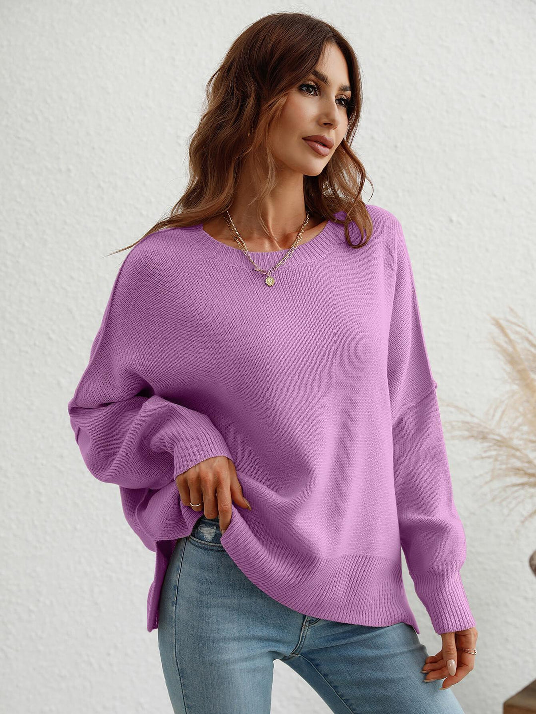 Exposed Seam Dropped Shoulder Slit Sweater - BELLATRENDZ