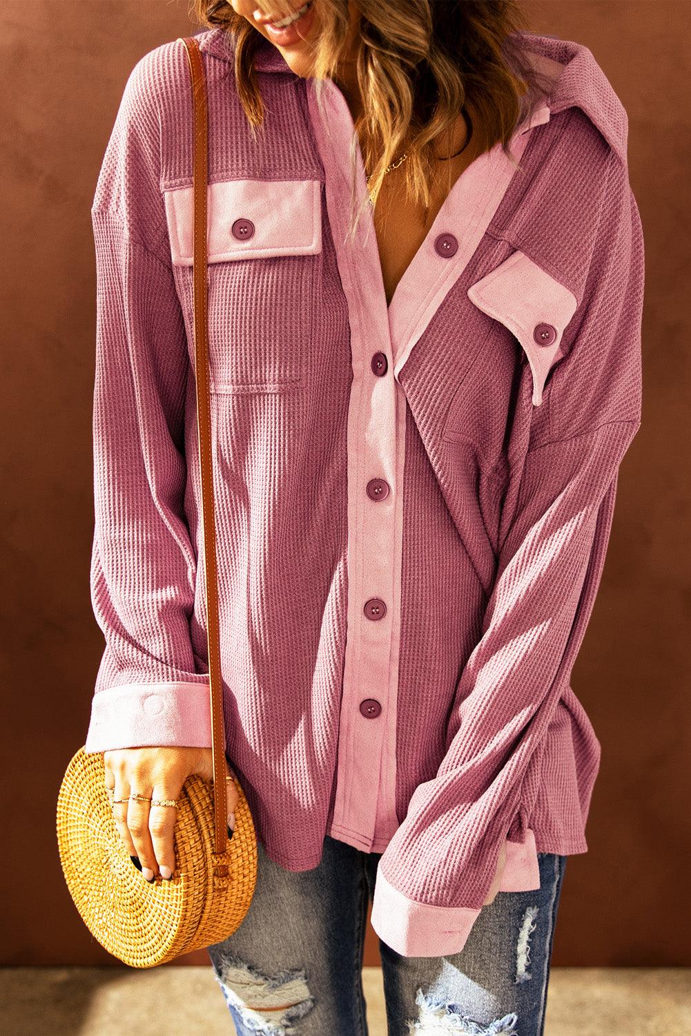 Contrast Waffle-Knit Shirt Jacket - BELLATRENDZ