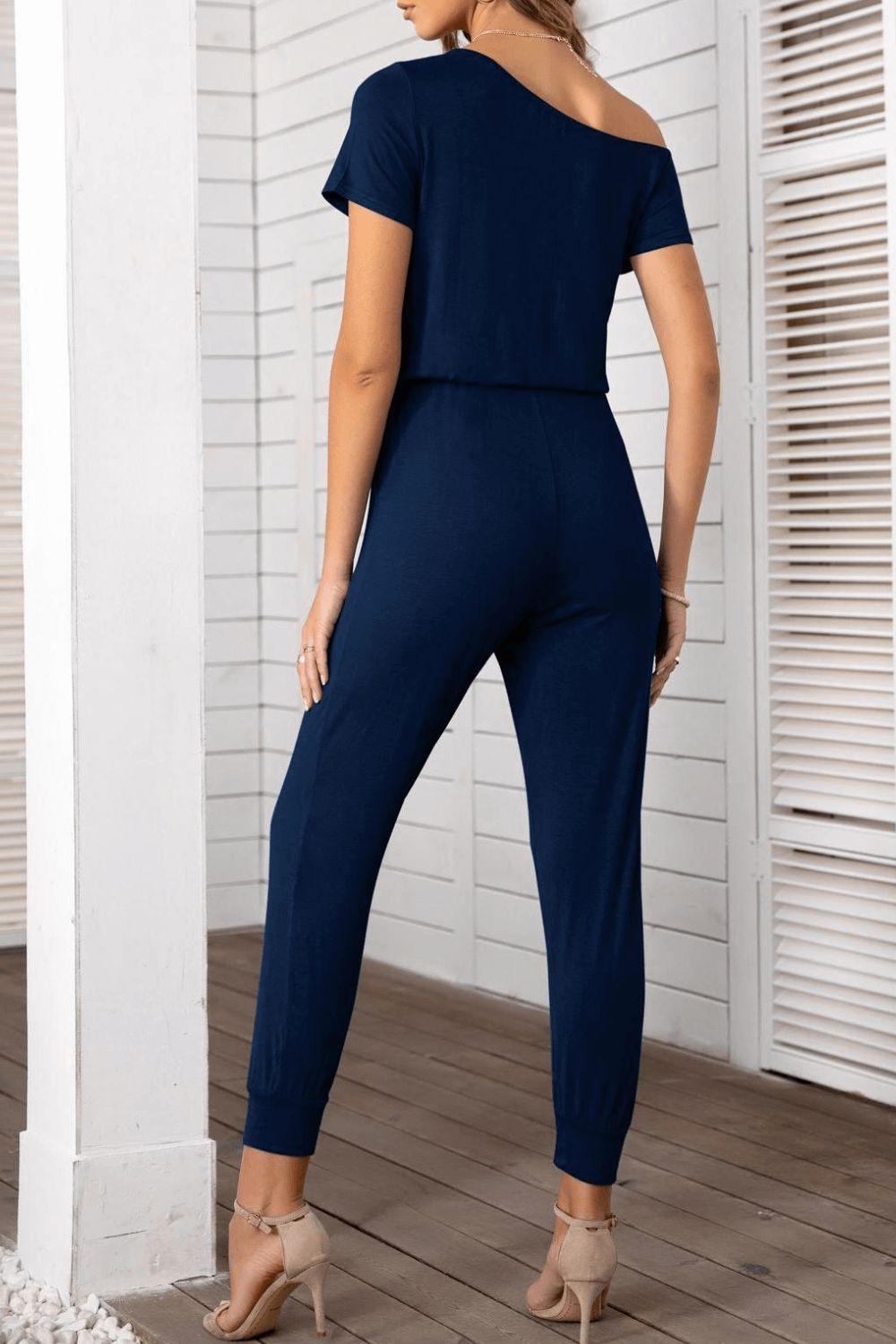 Asymmetrical Neck Short Sleeve Jumpsuit - BELLATRENDZ