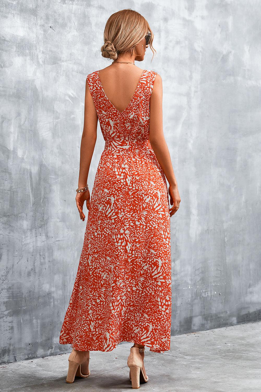 Printed V-Neck Tie Waist Maxi Dress - BELLATRENDZ