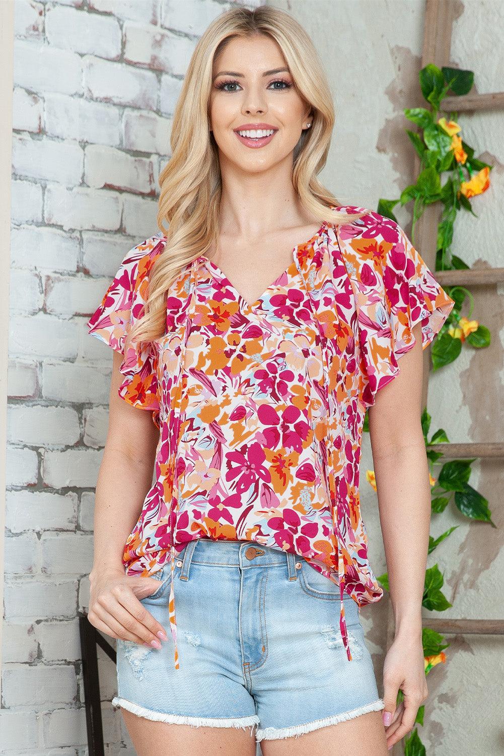 Floral Tie Neck Flutter Sleeve Blouse - BELLATRENDZ