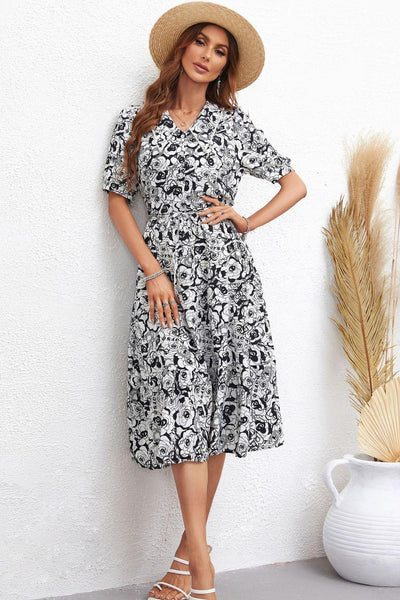 Floral Collared Neck Puff Sleeve Midi Dress