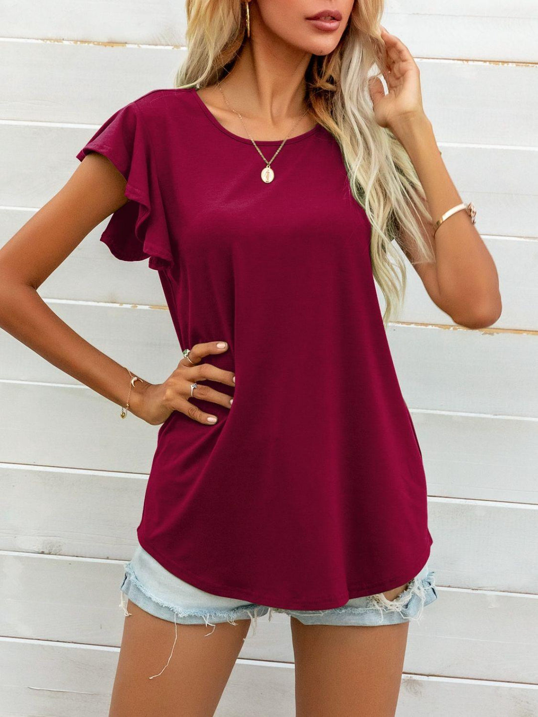 Round Neck Butterfly Sleeve Top - BELLATRENDZ