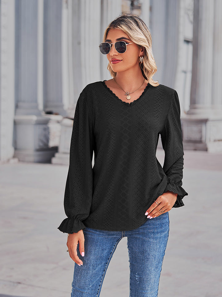 Eyelet V-Neck Flounce Sleeve Blouse