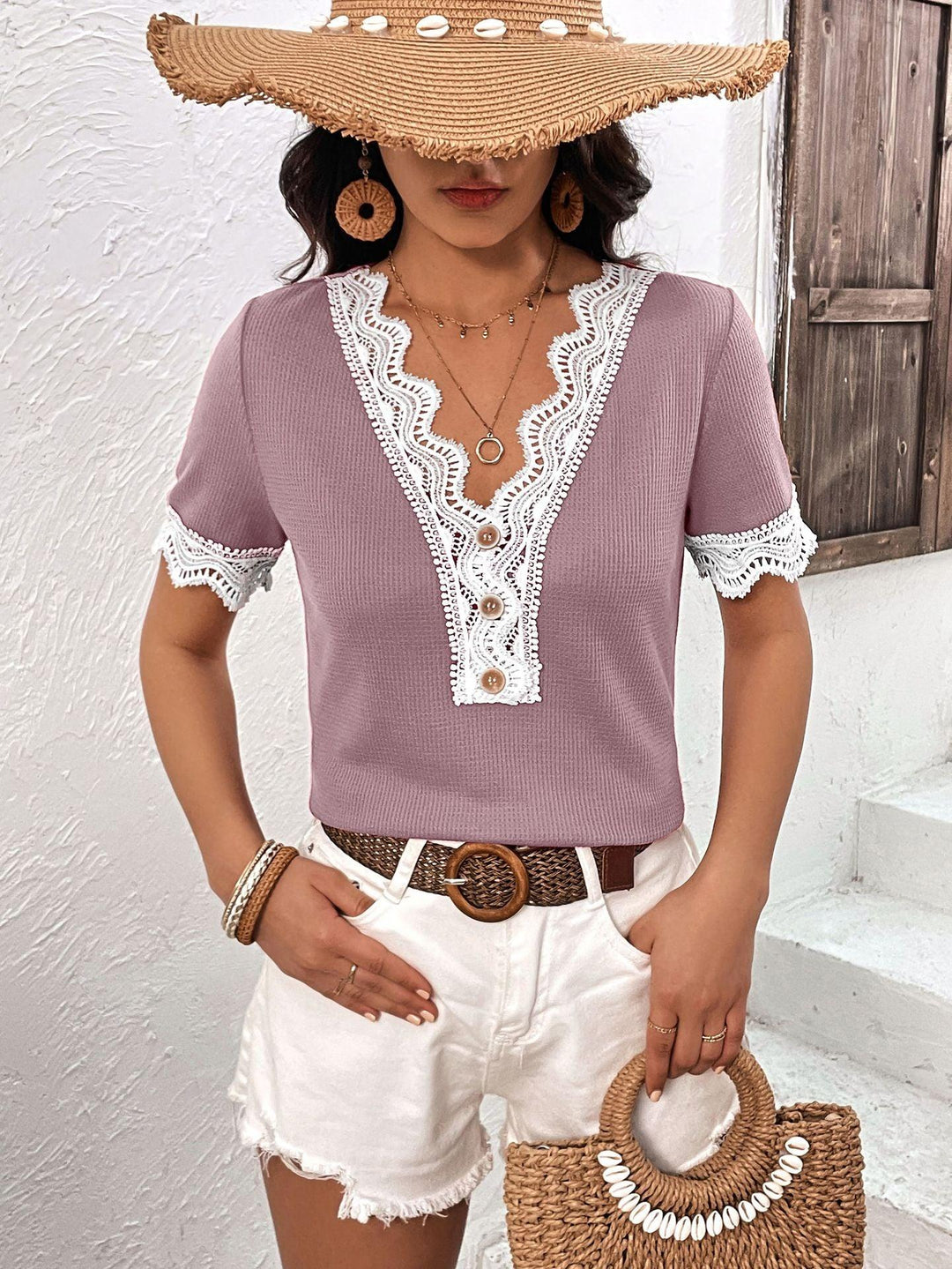 Decorative Button Spliced Lace Short Sleeve Top - BELLATRENDZ