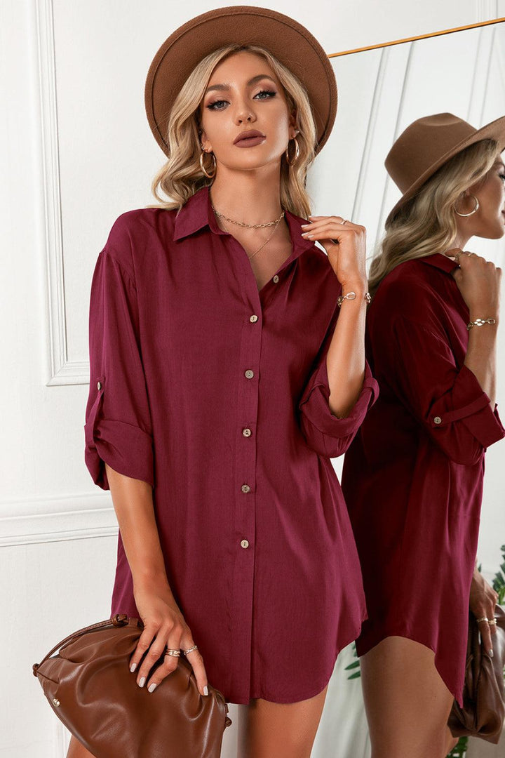 Solid Button Up Drop Shoulder Blouse - BELLATRENDZ