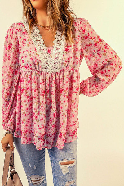 Floral Lace Trim Balloon Sleeve Blouse