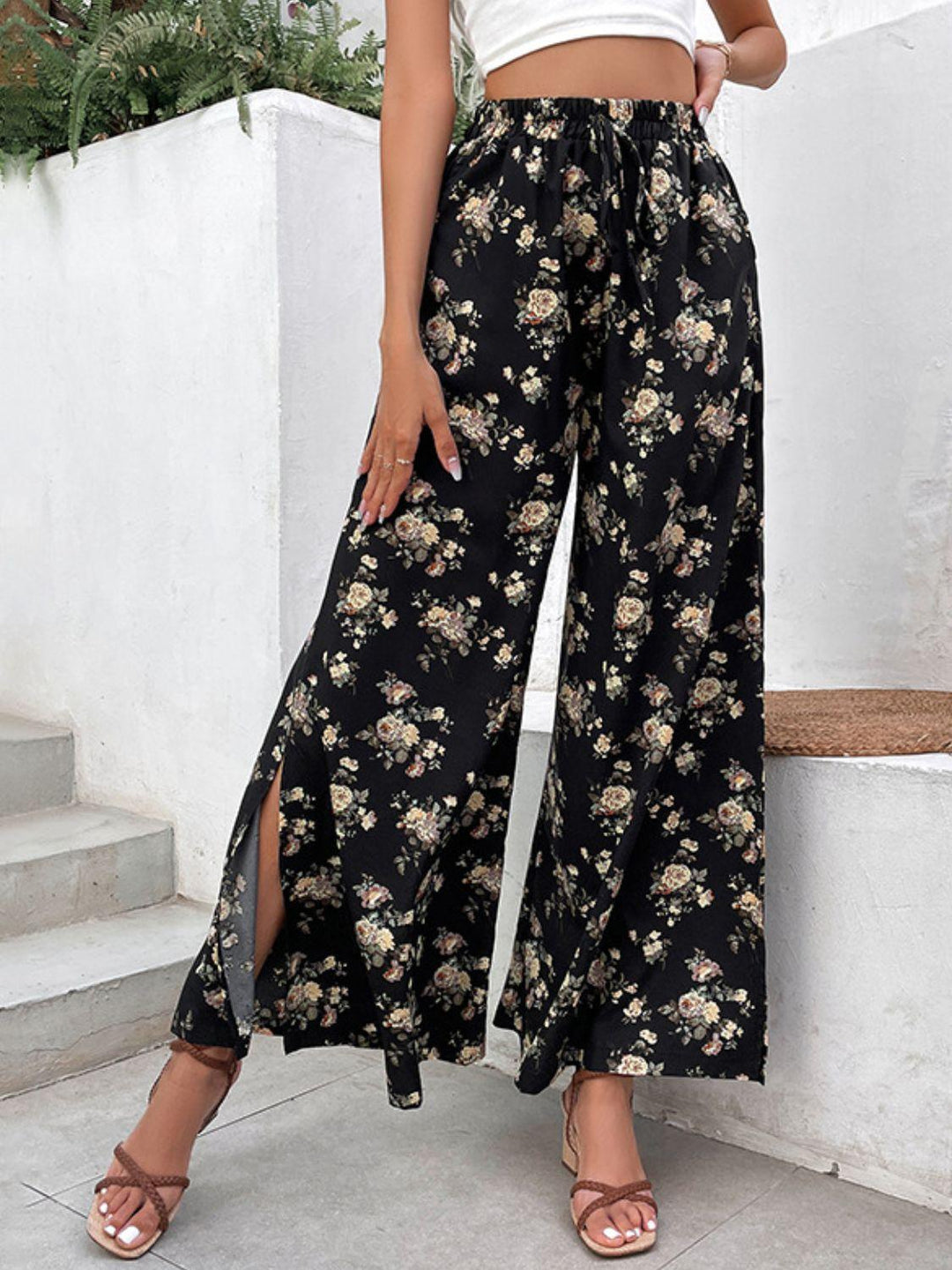 Floral Side Slit Wide Leg Pants - BELLATRENDZ