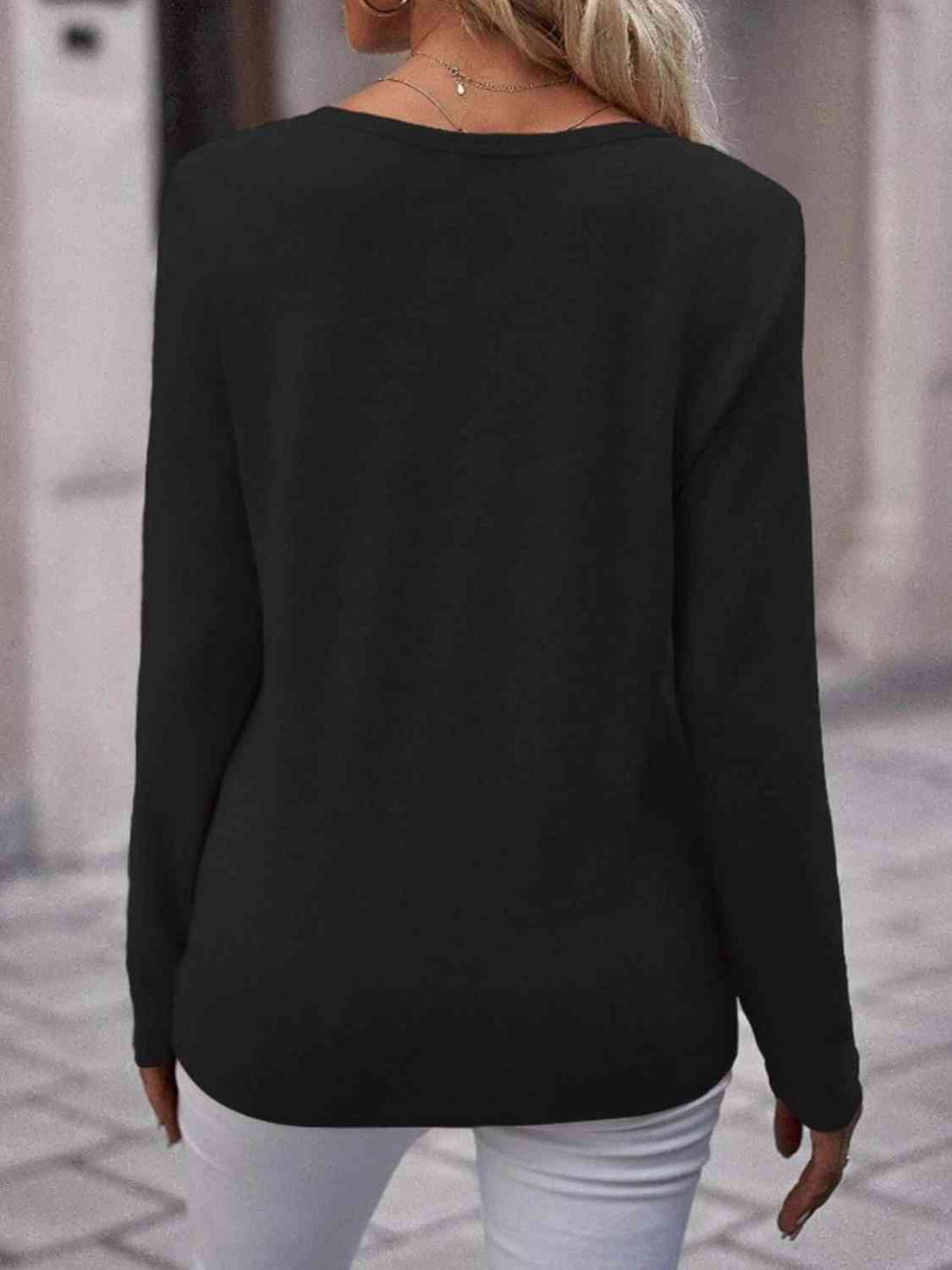 Round Neck Buttoned Long Sleeve T-Shirt