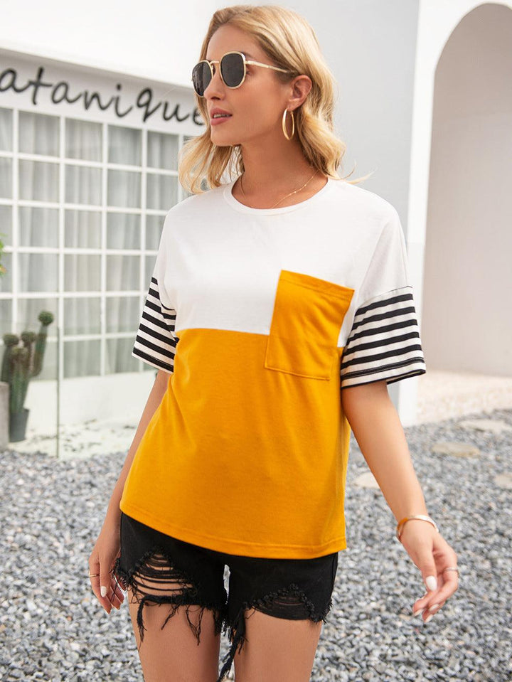 Striped Color Block Round Neck Tee - BELLATRENDZ