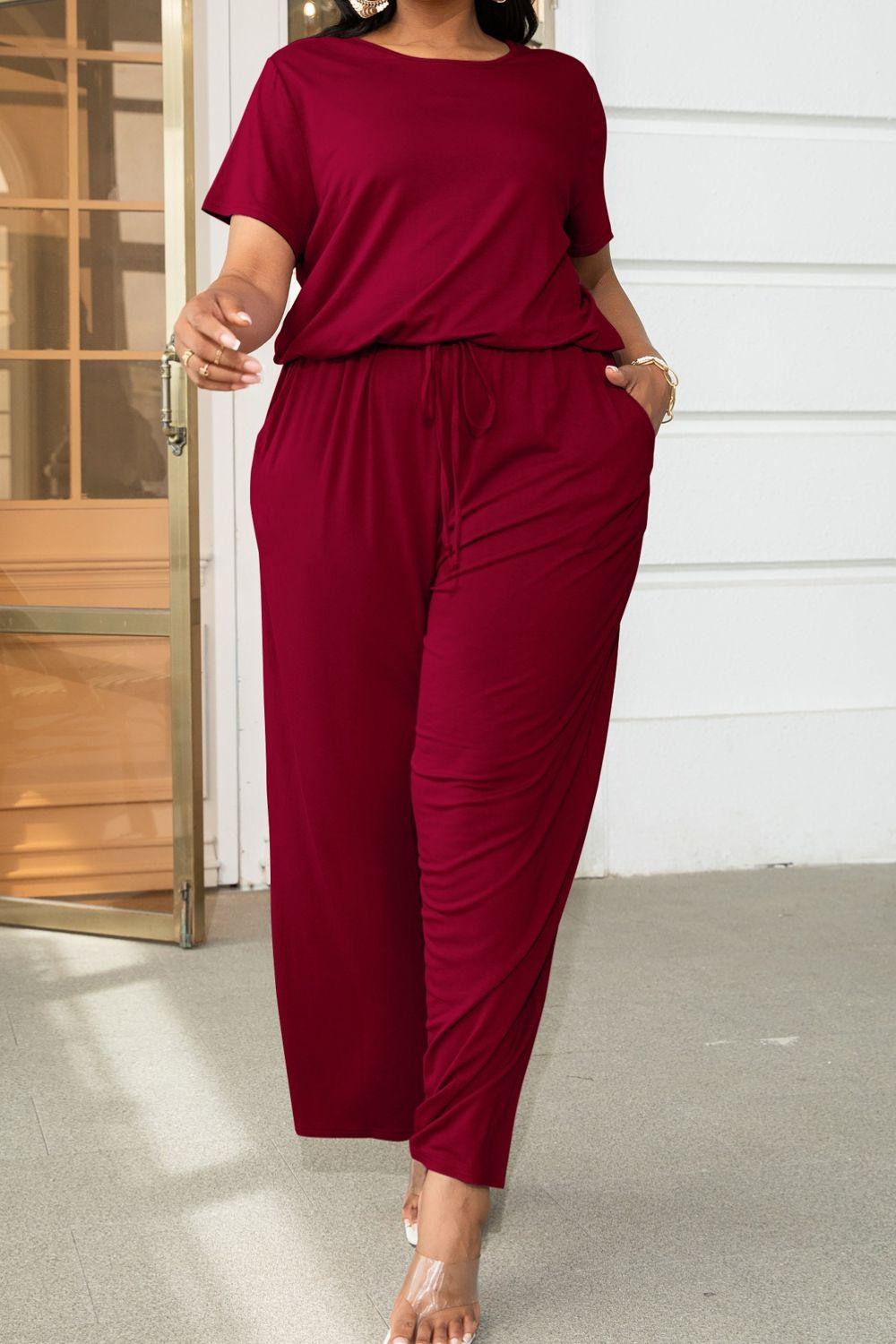 Plus Size Drawstring Waist Short Sleeve Jumpsuit - BELLATRENDZ