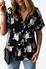 Floral Notched Neck Cuffed Short Sleeve Blouse