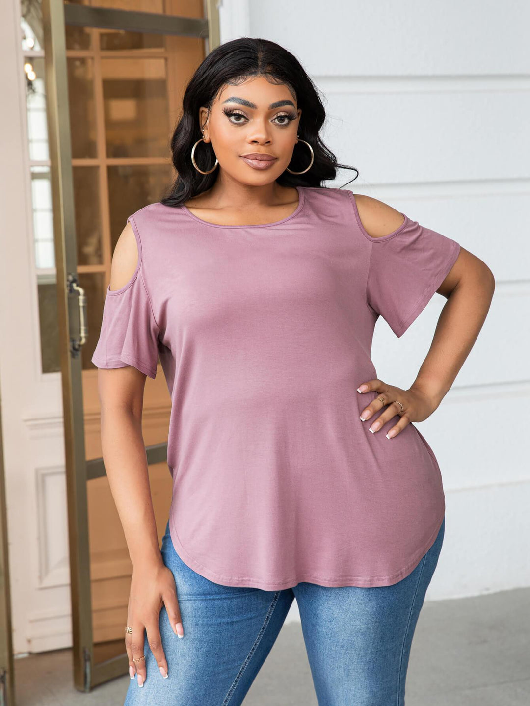 Plus Size Cold-Shoulder Round Neck Curved Hem Tee - BELLATRENDZ