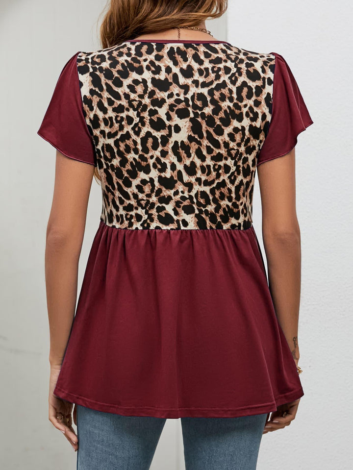 Leopard Round Neck Flutter Sleeve Babydoll Blouse - BELLATRENDZ