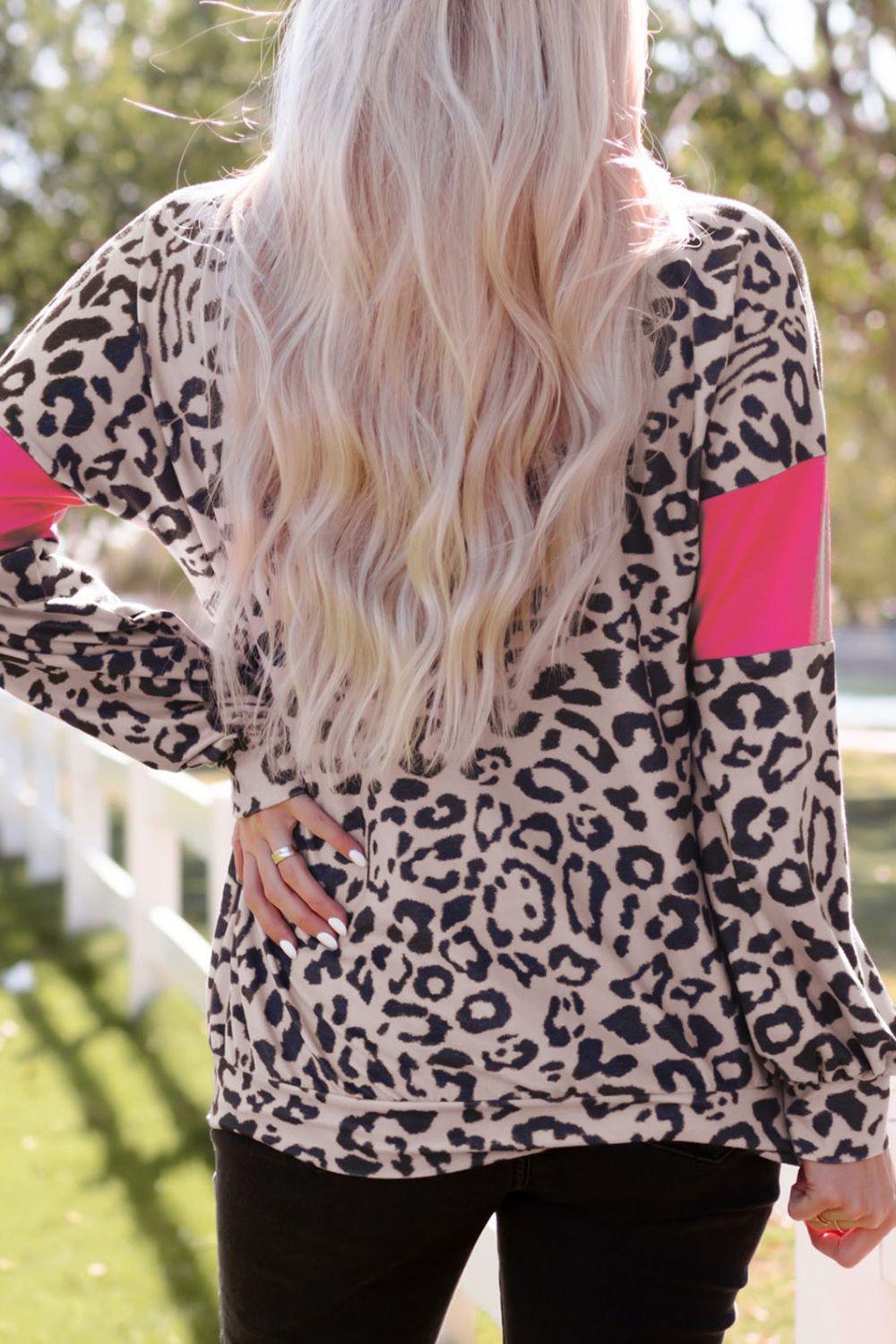 Leopard Print Color Block Long-Sleeve Top