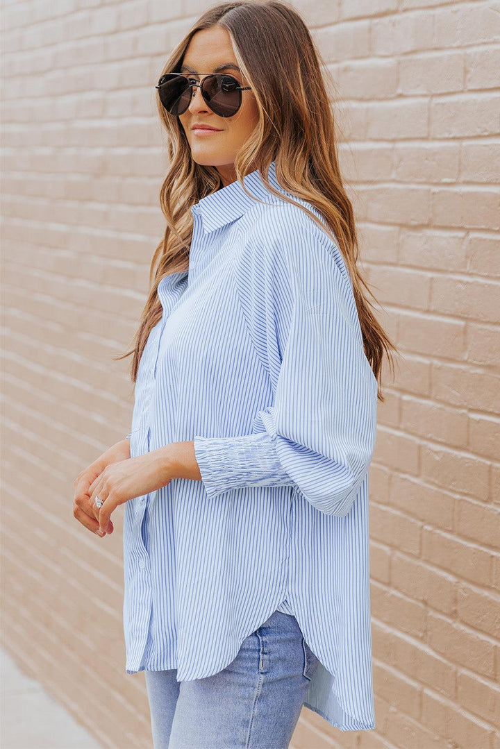 Striped Lantern Sleeve Collared Shirt - BELLATRENDZ