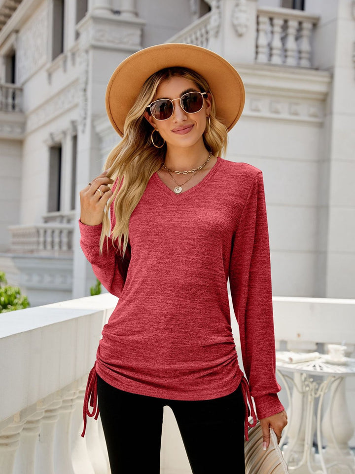 Drawstring V-Neck Long Sleeve T-Shirt