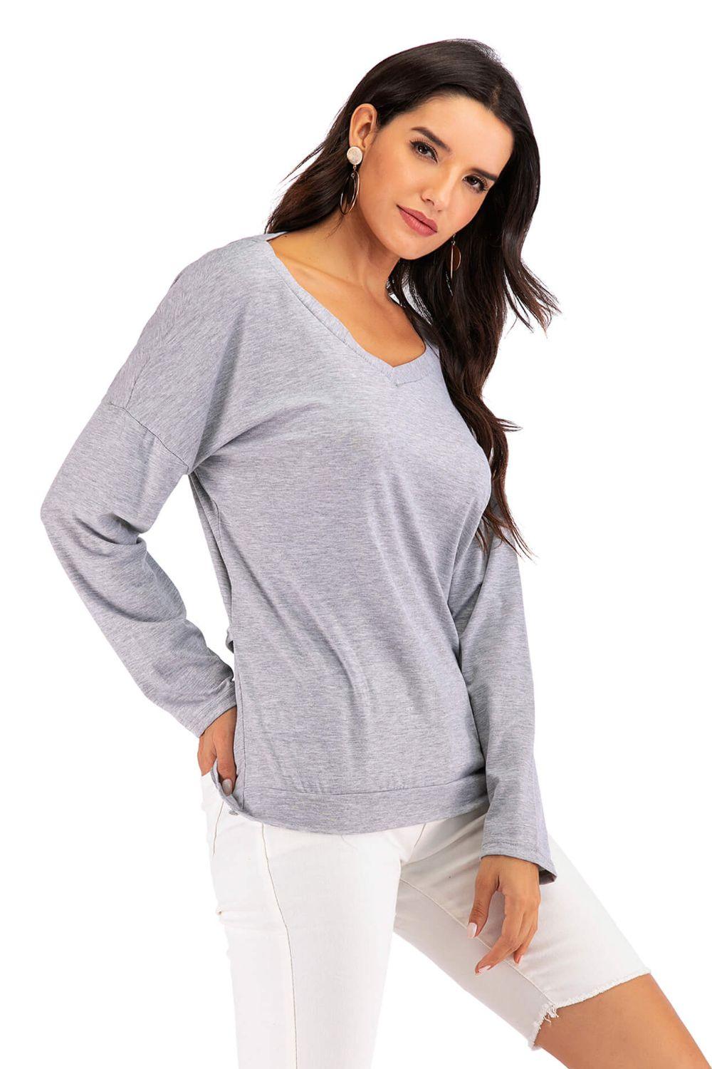 V-Neck Drop Shoulder Open Back Sweatshirt - BELLATRENDZ