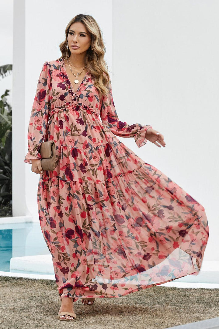 Floral Frill Trim Flounce Sleeve Plunge Maxi Dress - BELLATRENDZ