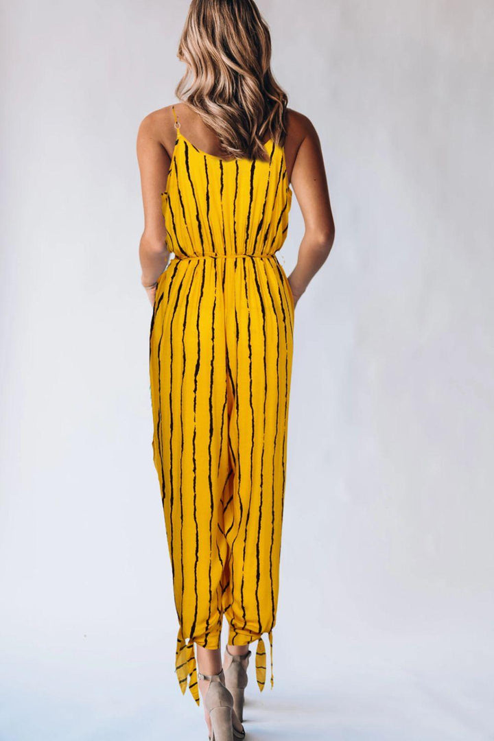 Striped Contrast Tie Ankle Spaghetti Strap Jumpsuit - BELLATRENDZ