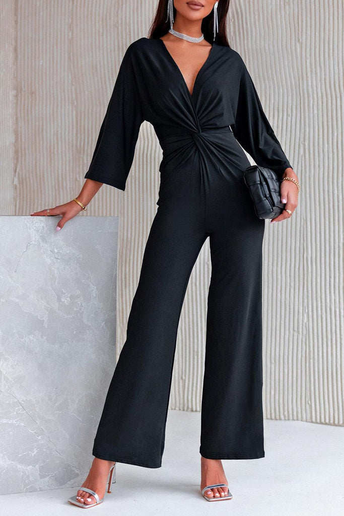 Twisted Plunge Three-Quarter Sleeve Jumpsuit - BELLATRENDZ