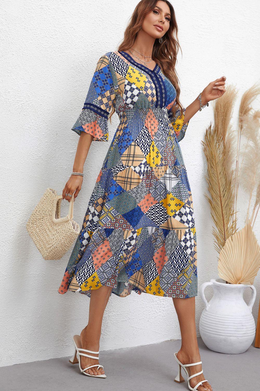 Patchwork V-Neck Tiered Midi Dress - BELLATRENDZ