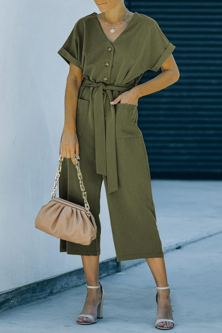 Tie-Waist Buttoned Cropped Jumpsuit - BELLATRENDZ