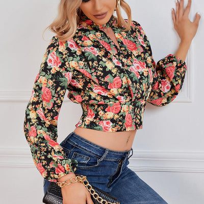 Cropped Floral Print Smocked Waist Blouse