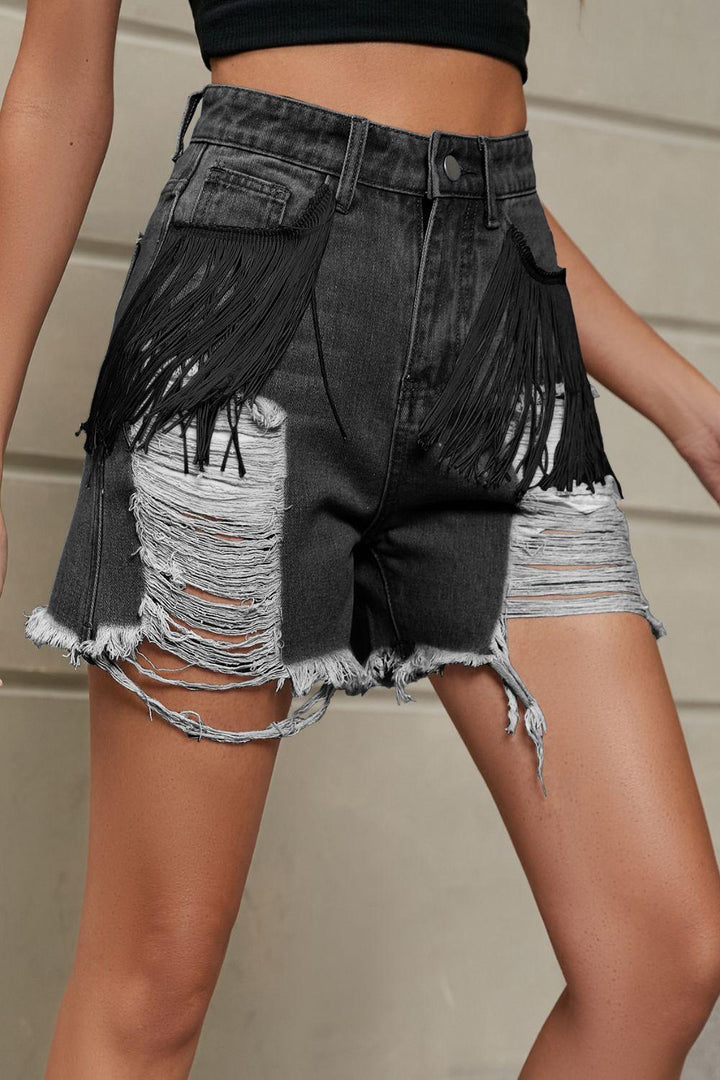 Fringe Trim Distressed Denim Shorts with Pockets - BELLATRENDZ