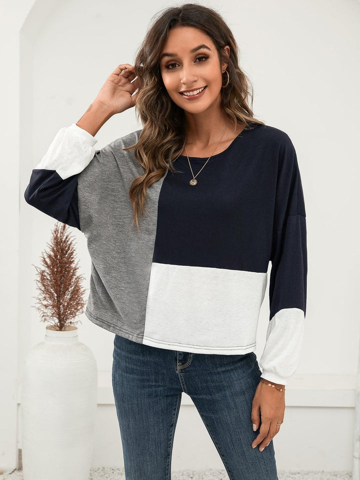 Three-Tone Color Block Dropped Shoulder Long Sleeve Tee - BELLATRENDZ