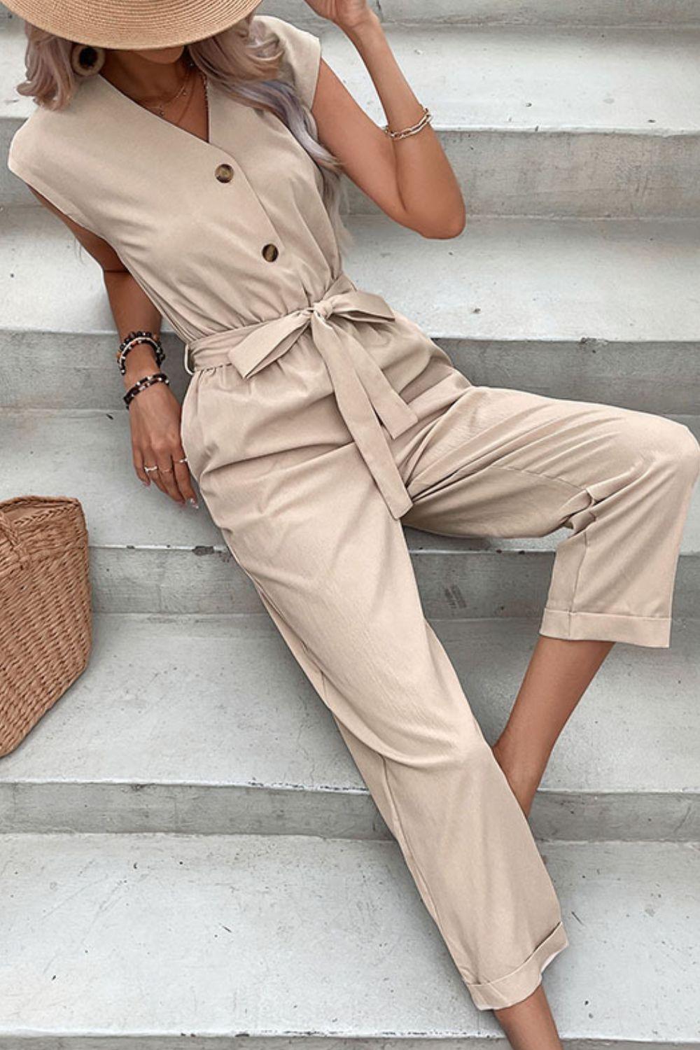 Capped Sleeve Belted V-Neck Jumpsuit - BELLATRENDZ