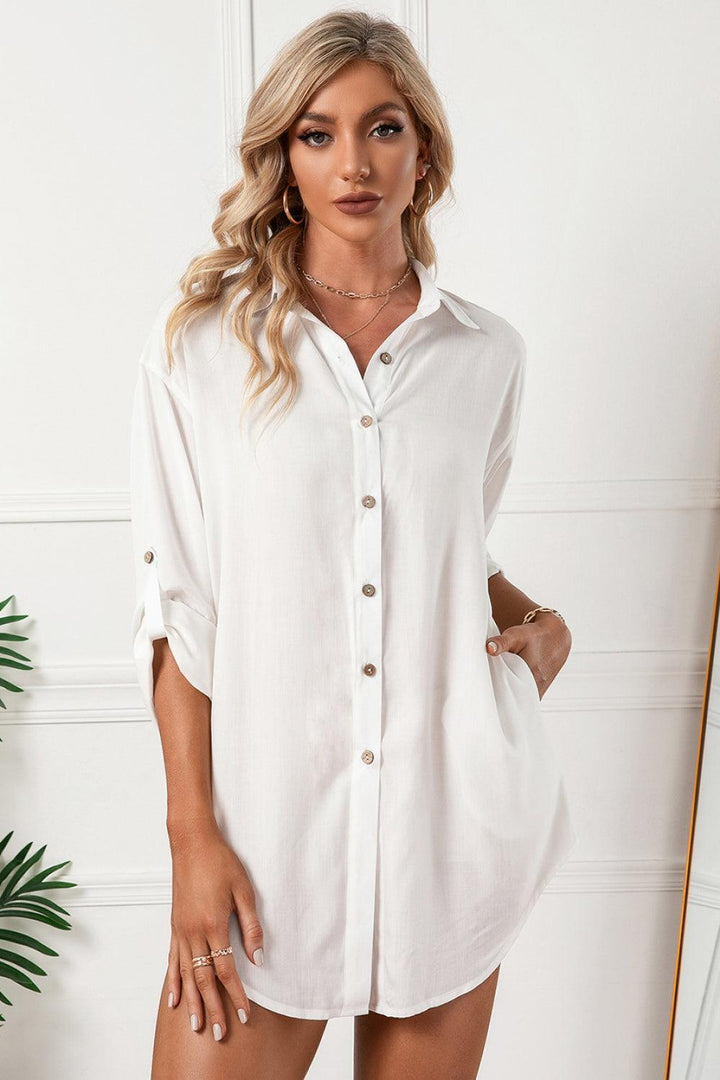 Solid Button Up Drop Shoulder Blouse - BELLATRENDZ