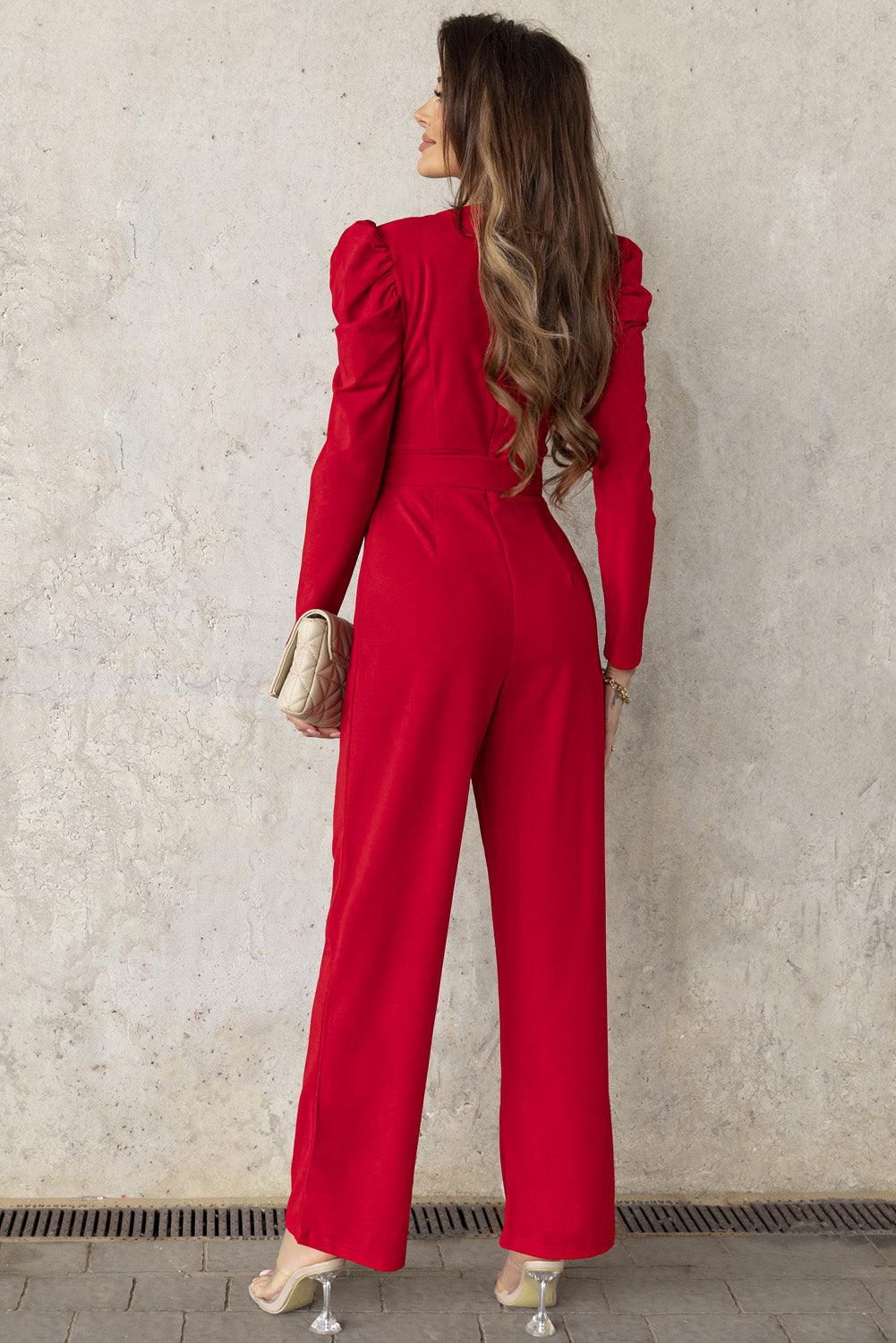 Belted Long Puff Sleeve V-Neck Jumpsuit - BELLATRENDZ