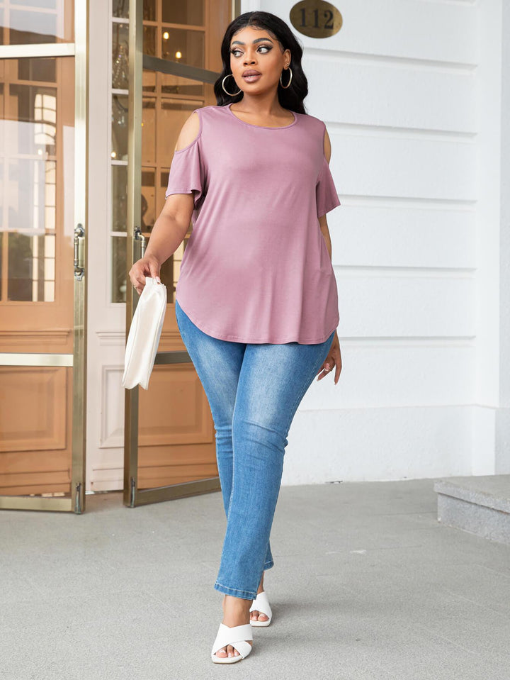 Plus Size Cold-Shoulder Round Neck Curved Hem Tee - BELLATRENDZ