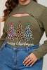 Plus Size Christmas Tree Graphic Cutout Round Neck Long Sleeve Blouse