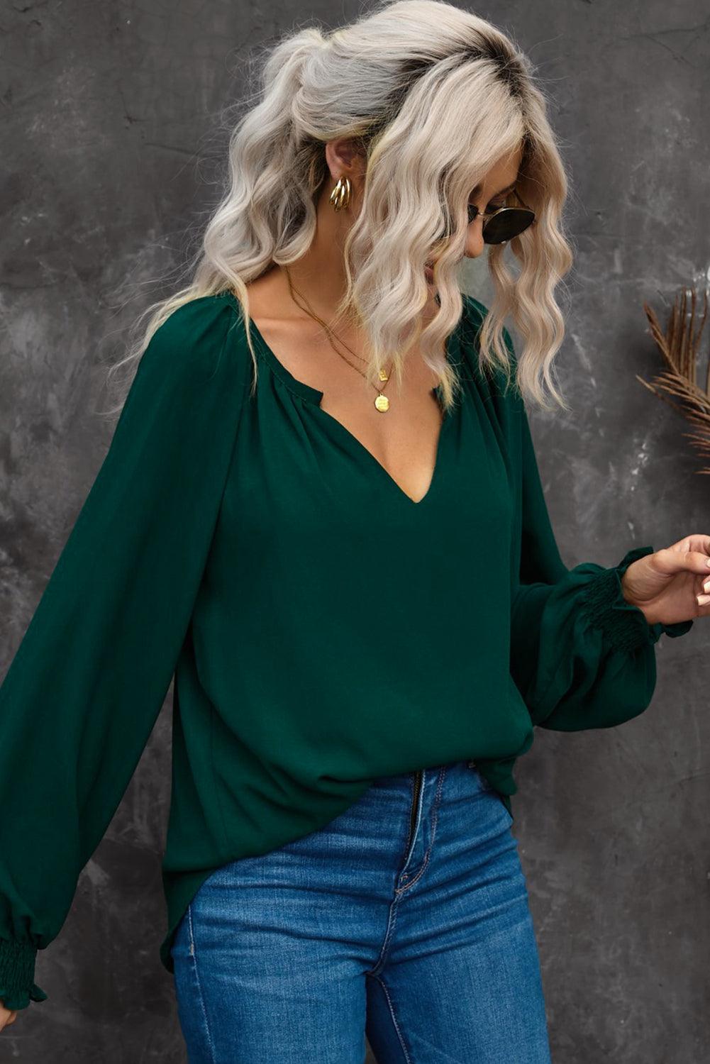 Notched Neck Lantern Sleeve Blouse - BELLATRENDZ