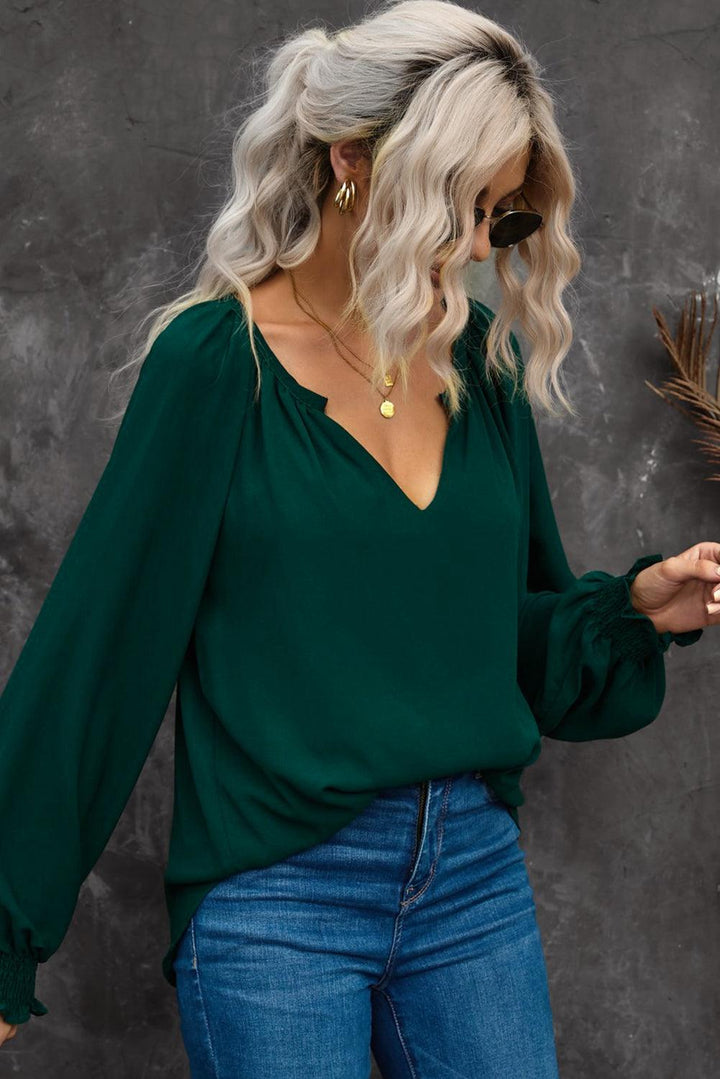 Notched Neck Lantern Sleeve Blouse - BELLATRENDZ