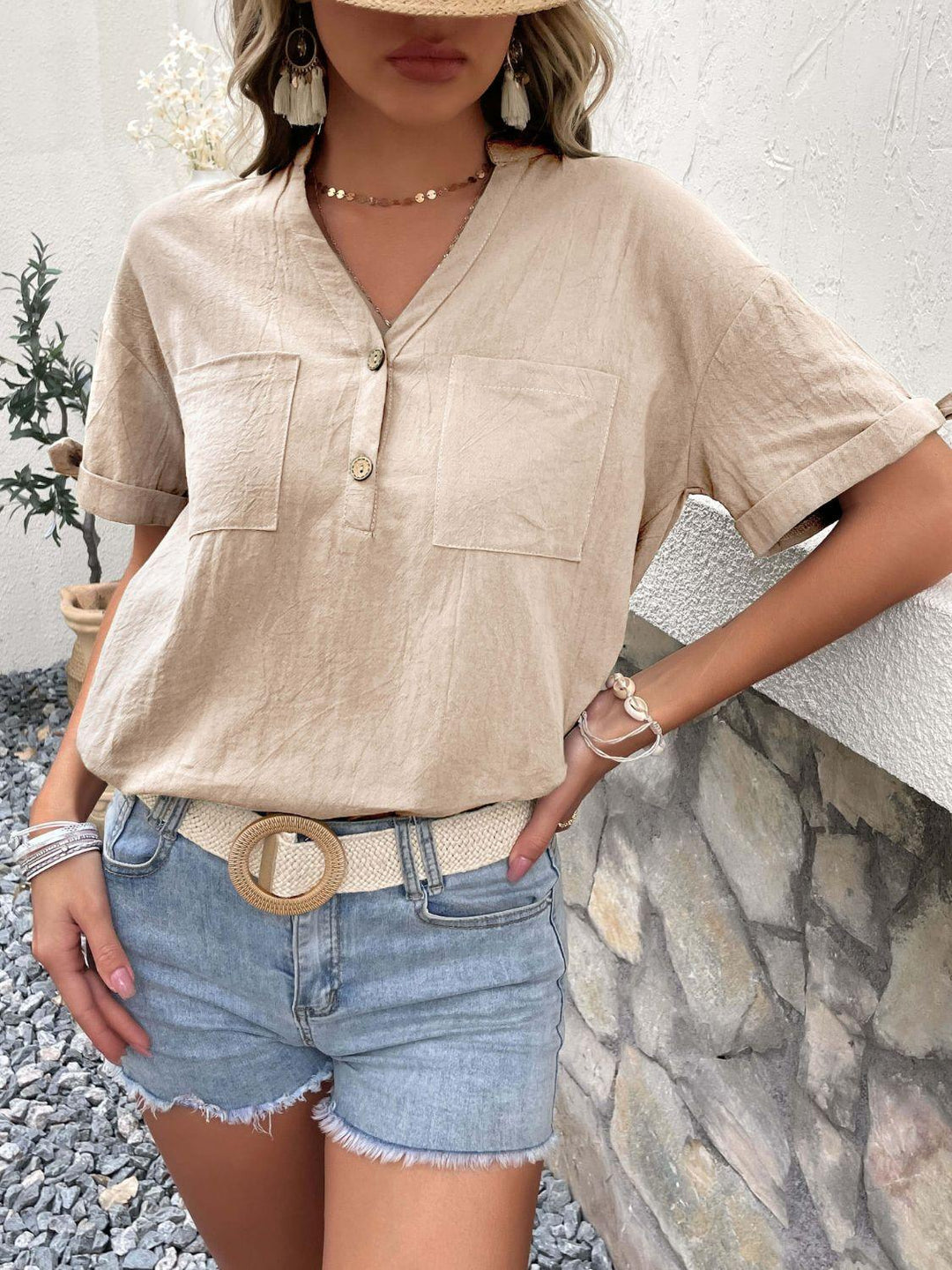 Buttoned Notched Neck Cuffed Sleeve Blouse - BELLATRENDZ