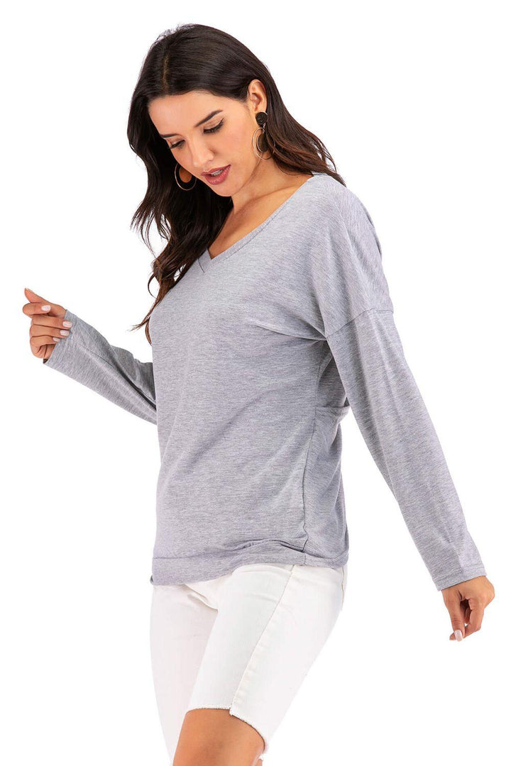 V-Neck Drop Shoulder Open Back Sweatshirt - BELLATRENDZ